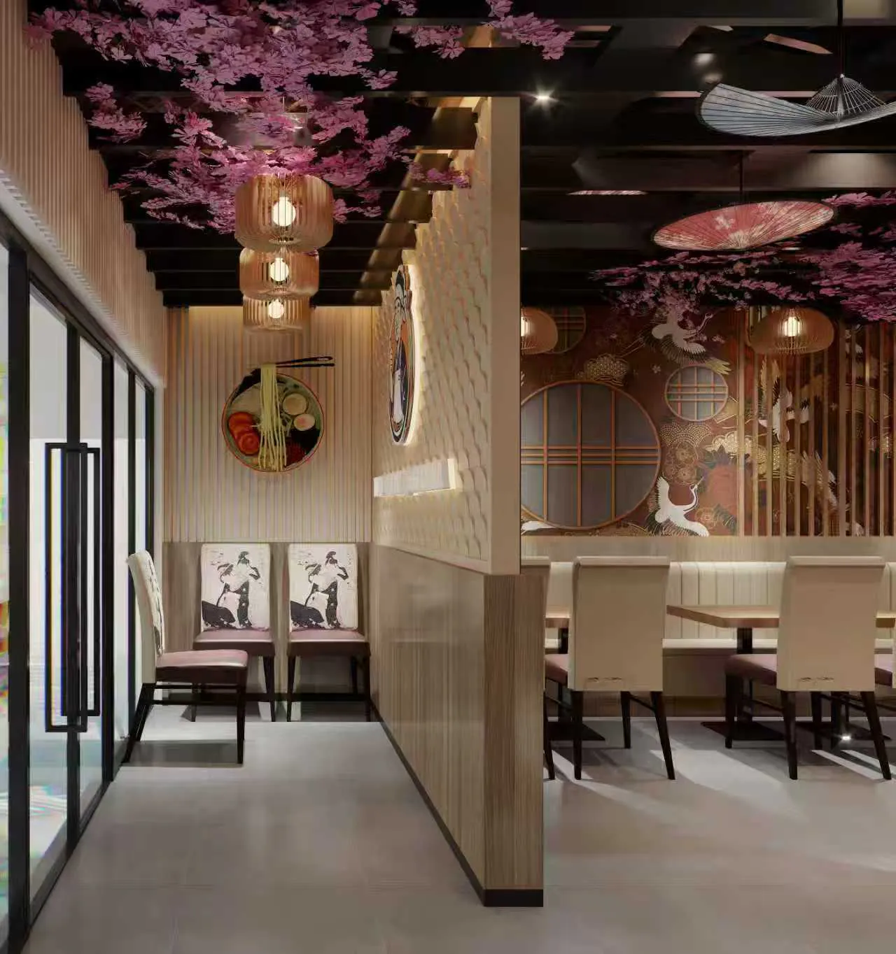 Welcoming entrance area with cherry blossom and traditional art at Moto Ramen & Izakaya, a Japanese Restaurant in Vancouver