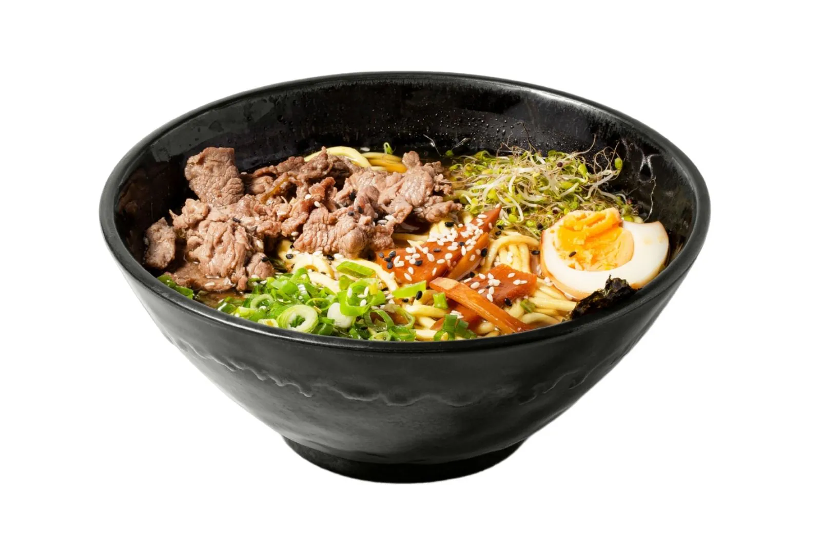 Soy-based broth with beef, ajitsuke tamago and bean sprouts at Moto Ramen & Izakaya, a Japanese Restaurant in Vancouver